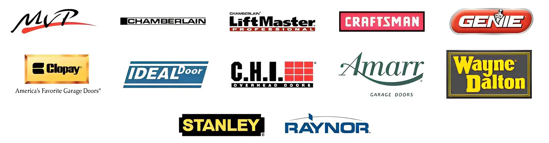 Garage door brand logos in a grid.