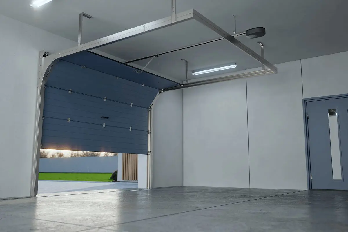 Open garage with blue door and light.
