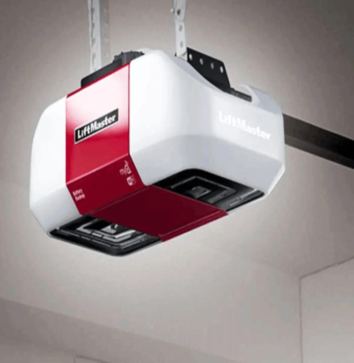 Ceiling-mounted garage door opener with sleek design.